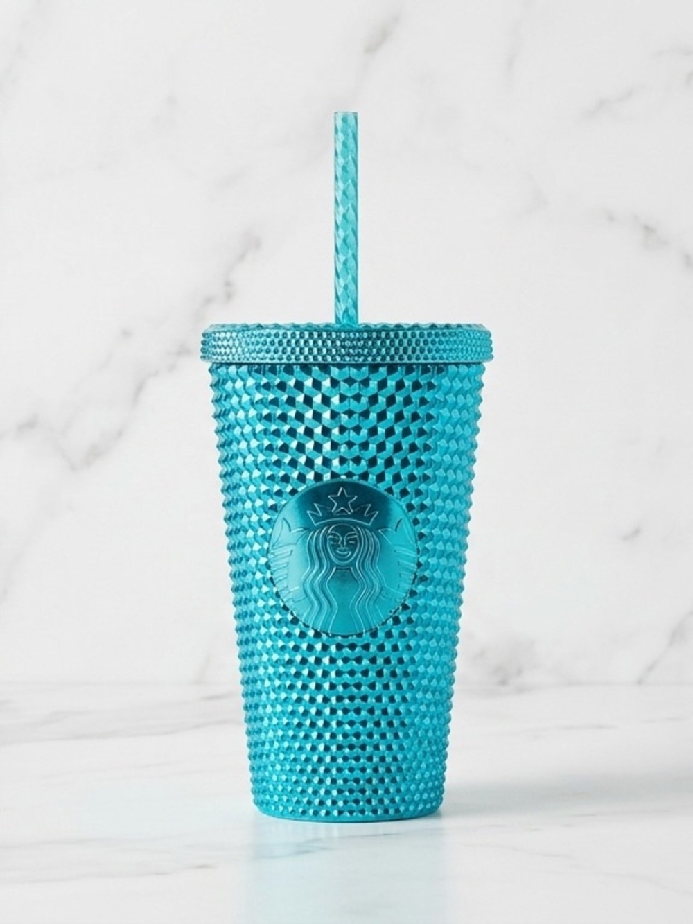 New Starbucks Summer 2023 Blue Chrome Teal Studded 16 OZ Tumbler and Keychain
